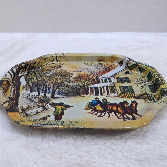Vintage Action Industries Tin Tray Metal Plate Winter Scene 1985 Hong Kong - Picture 6 of 9